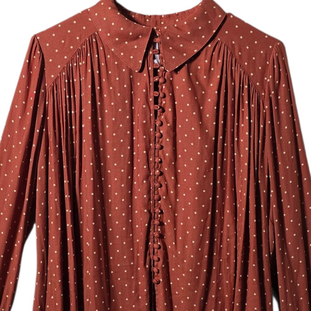 Free People Rust Polka Dot Blouse Small Romantic Boho Ruffle Button Top - Picture 2 of 11
